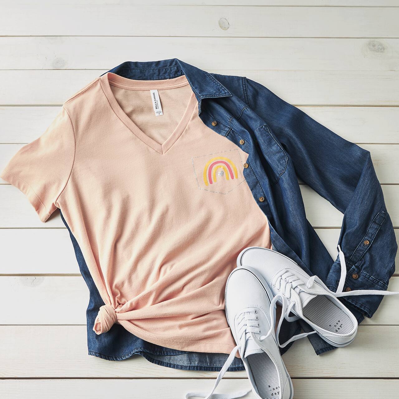 Bella + Canvas® Faux Pocket Rainbow V-Neck T-Shirt